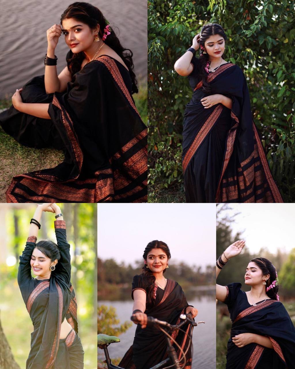 Elegant Black Soft Silk Saree with Rich Copper Zari Border, Traditional Weaving Design, Festive Wear Drape with Matching Blouse Piece