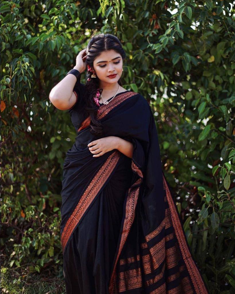 Elegant Black Soft Silk Saree with Rich Copper Zari Border, Traditional Weaving Design, Festive Wear Drape with Matching Blouse Piece