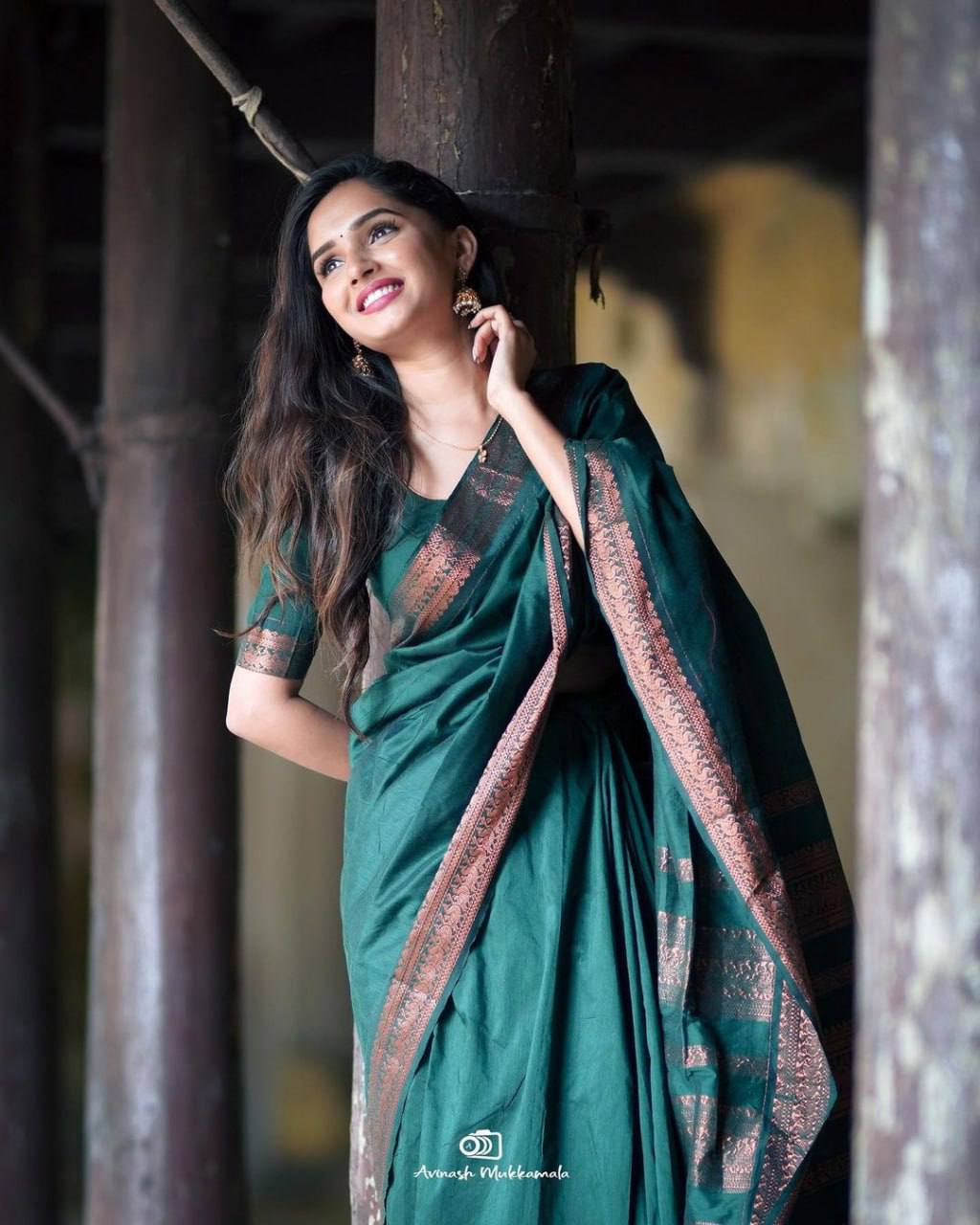 Elegant Deep Bottle Green Soft Silk Saree with Traditional Copper Zari Woven Border, Rich Pallu Detailing, Lightweight Drape & Matching Blouse Piece