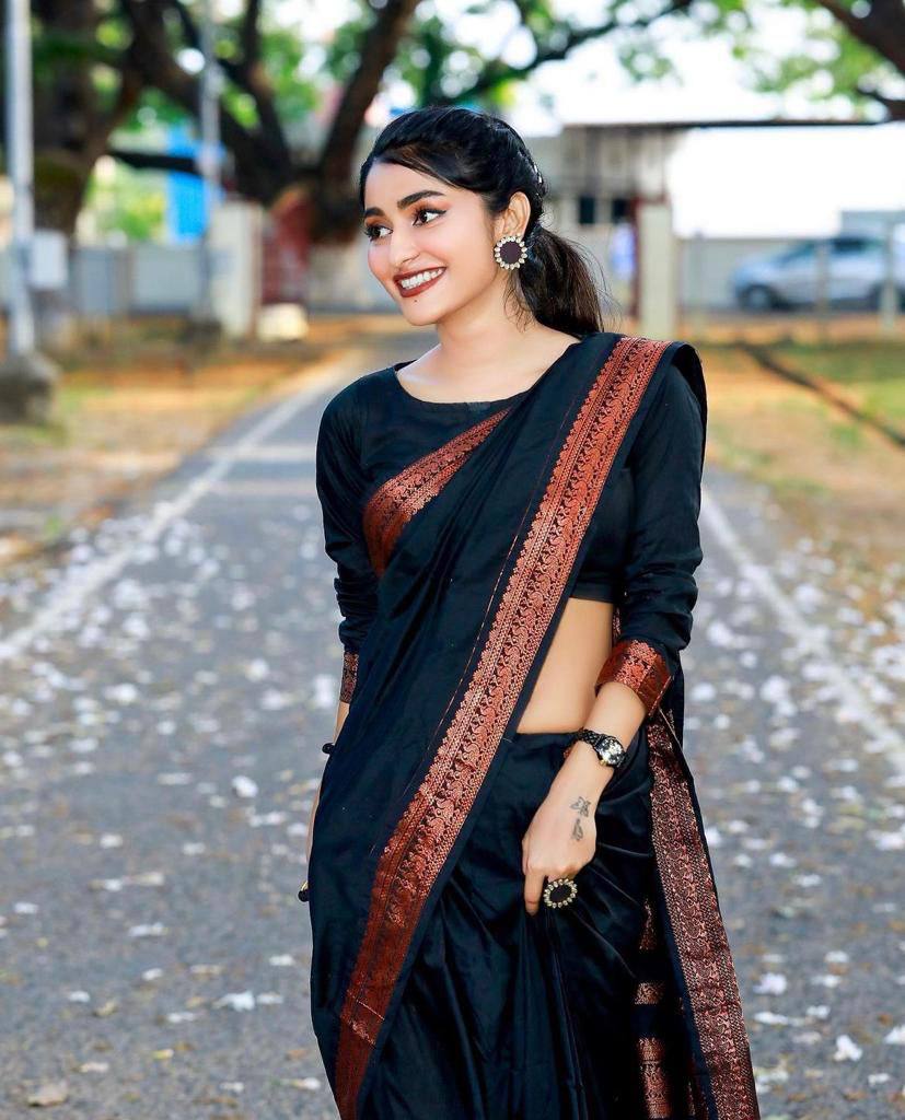 Elegant Black Soft Silk Saree with Rich Copper Zari Border, Traditional Weaving Design, Festive Wear Drape with Matching Blouse Piece