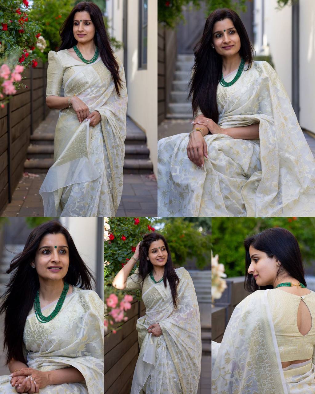 Premium Off-White & Gold Banarasi Jacquard Saree with Rich Zari Border & Blouse Piece