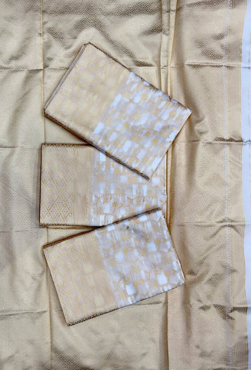 Premium Off-White & Gold Banarasi Jacquard Saree with Rich Zari Border & Blouse Piece