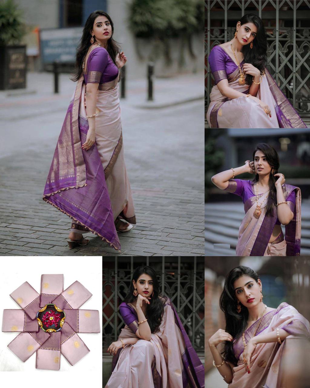 Premium Lavender Soft Silk Saree with Rich Purple Zari Border, Golden Elephant Motifs, and Elegant Festive–Traditional Look