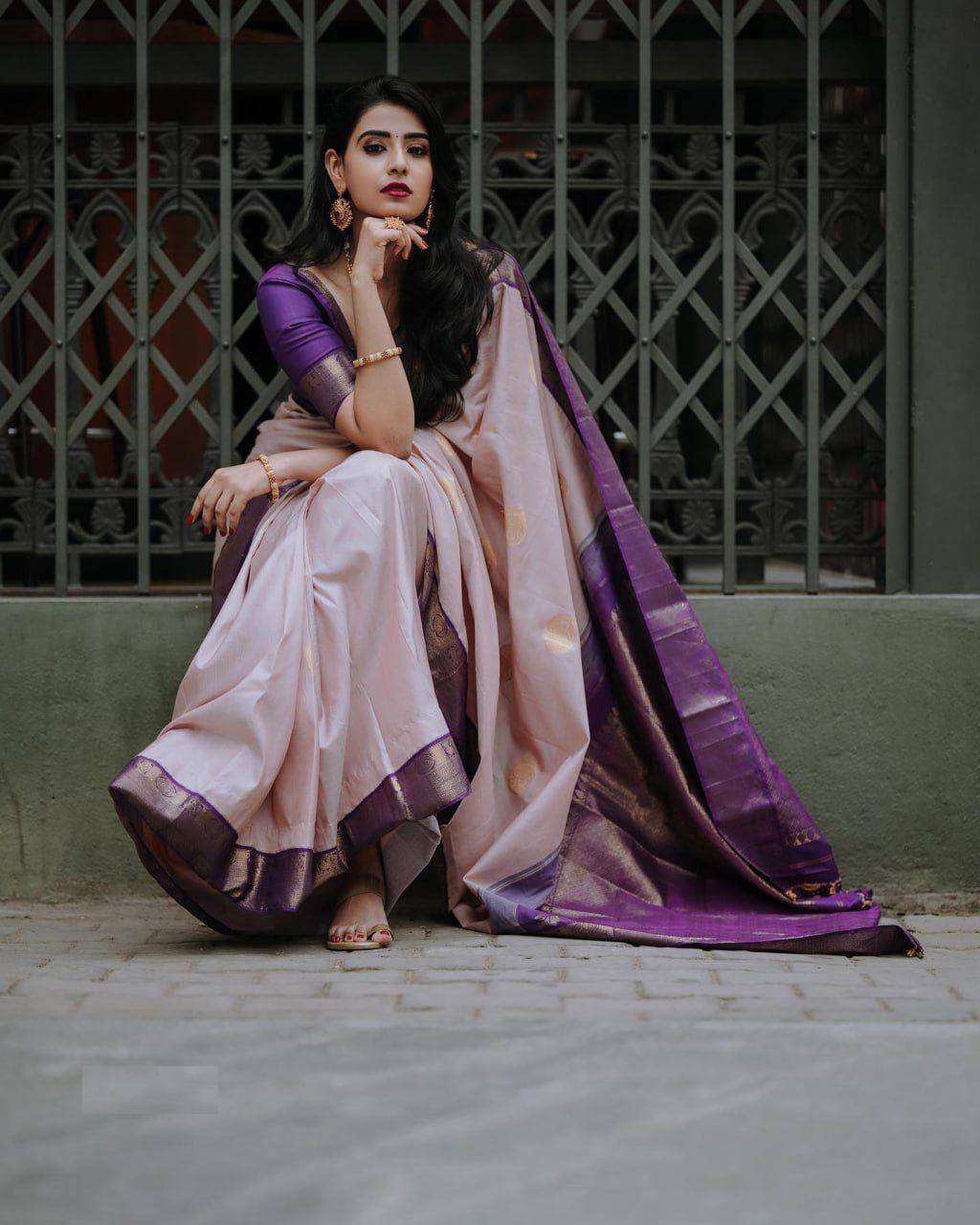 Premium Lavender Soft Silk Saree with Rich Purple Zari Border, Golden Elephant Motifs, and Elegant Festive–Traditional Look