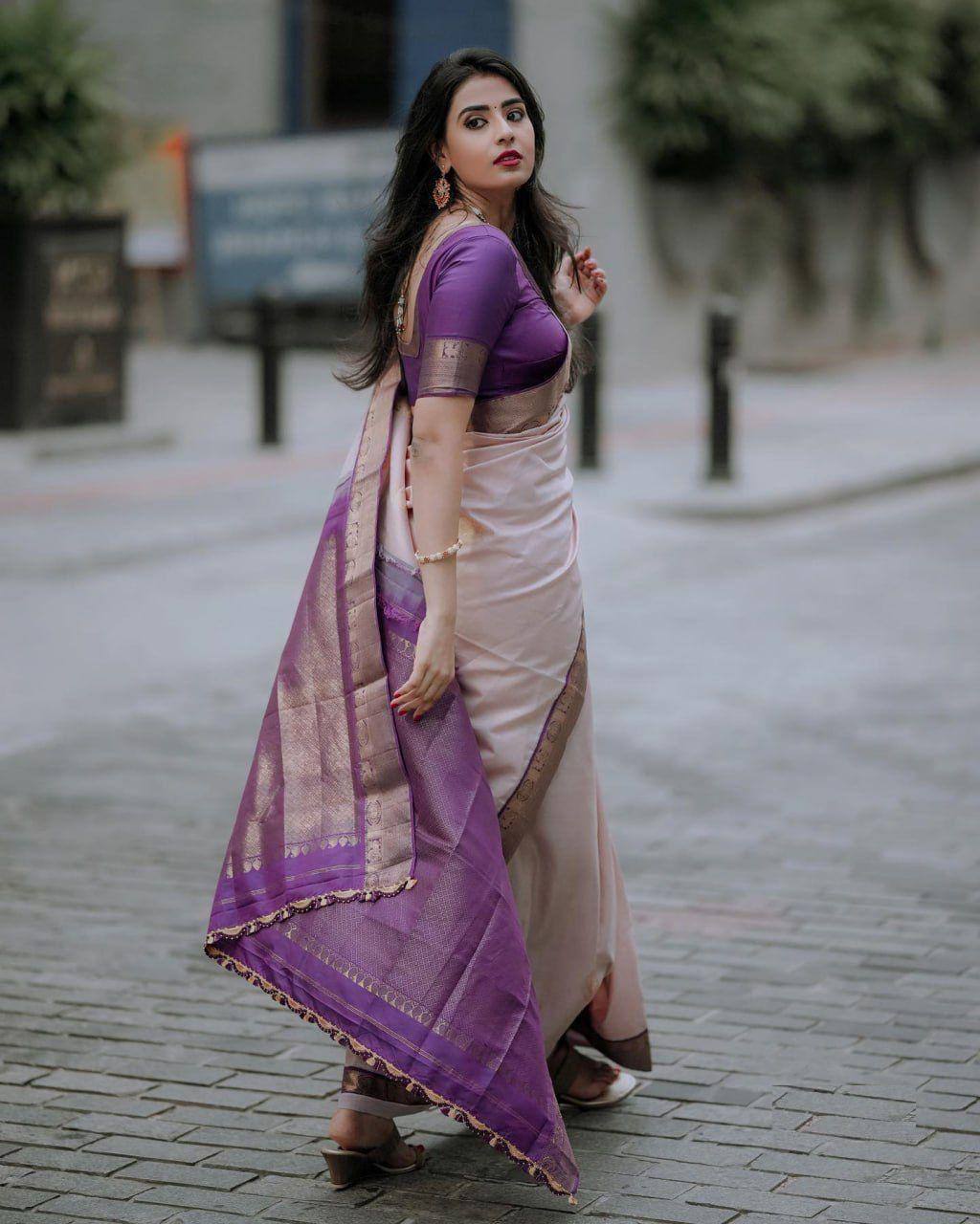 Premium Lavender Soft Silk Saree with Rich Purple Zari Border, Golden Elephant Motifs, and Elegant Festive–Traditional Look