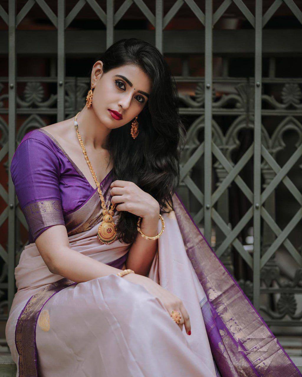 Premium Lavender Soft Silk Saree with Rich Purple Zari Border, Golden Elephant Motifs, and Elegant Festive–Traditional Look