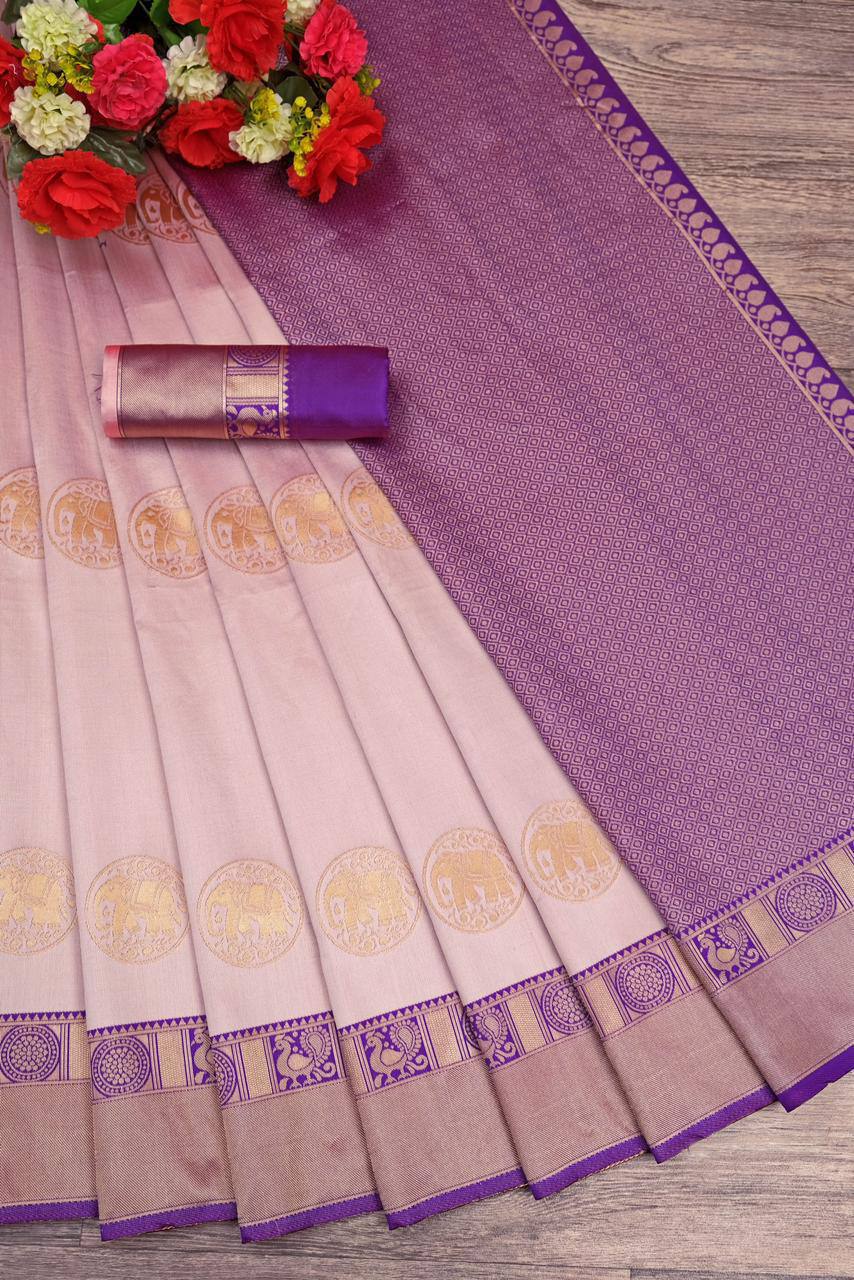 Premium Lavender Soft Silk Saree with Rich Purple Zari Border, Golden Elephant Motifs, and Elegant Festive–Traditional Look